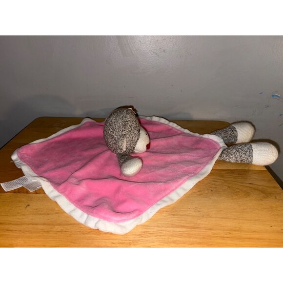 Sock Monkey Baby Starters Lovey Blanket With Pink Satin Back & Plush Knit Monkey - Picture 5 of 8